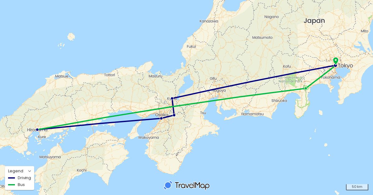 TravelMap itinerary: driving, bus in Japan (Asia)